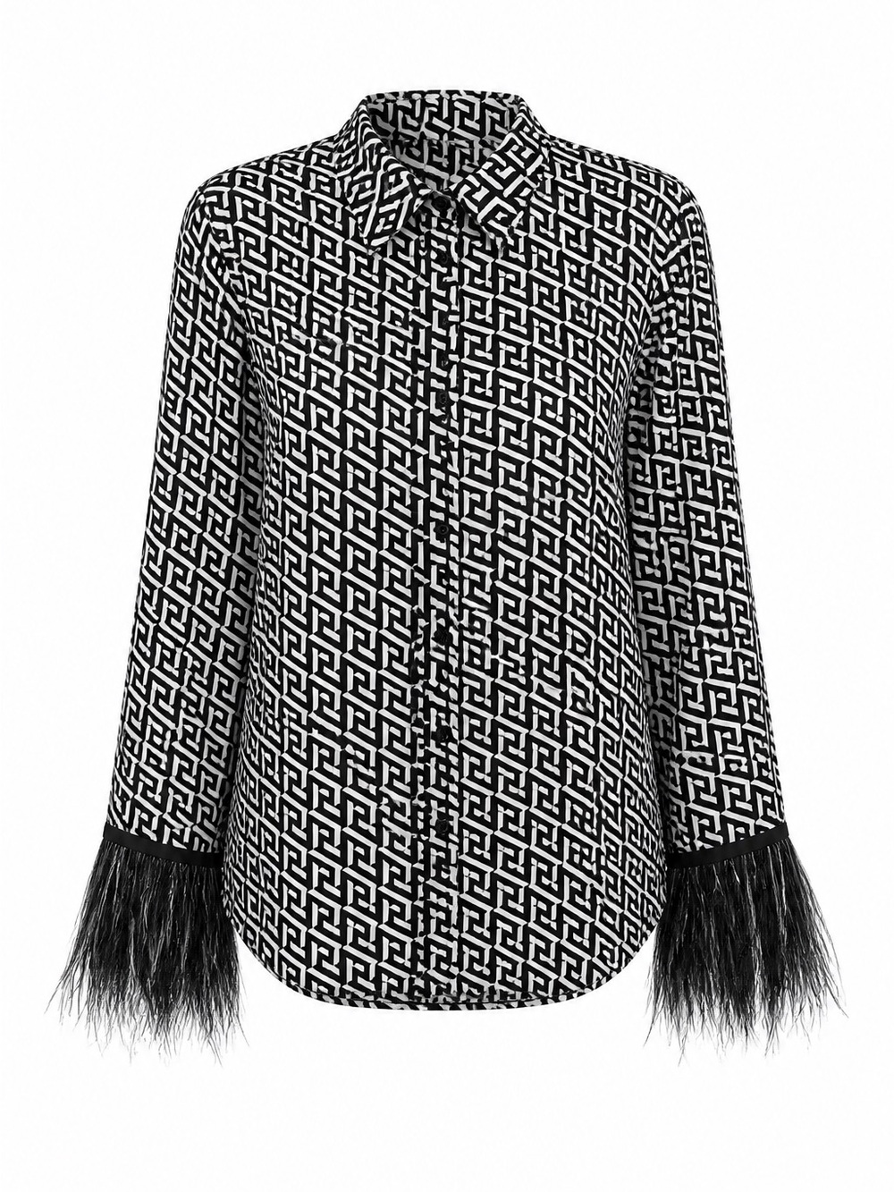 OOH LALA Black & White Geometric Button-Down Blouse with Feather Cuffs